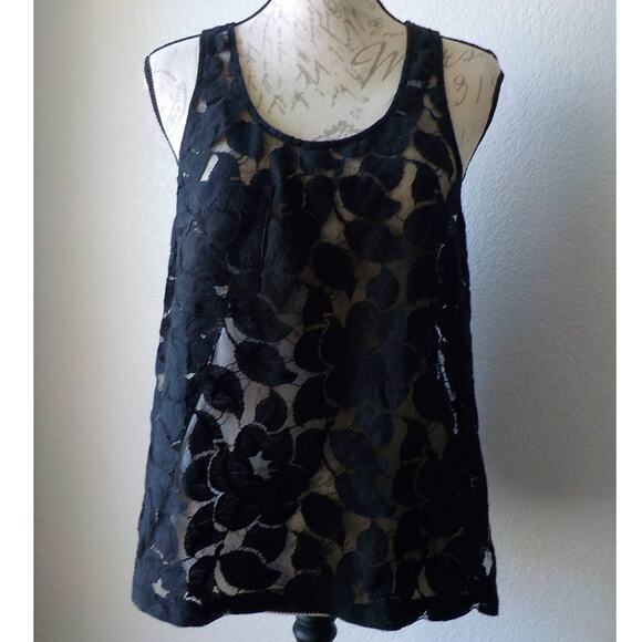 Leyendecker Black Sheer Lace Tank Top Women 4 Front Pocket Floral Goth Vampire - Picture 1 of 9